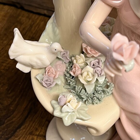 Porcelain Vintage Angel Figurine Seated on Bench Flowers & Dove - Picture 3 of 11